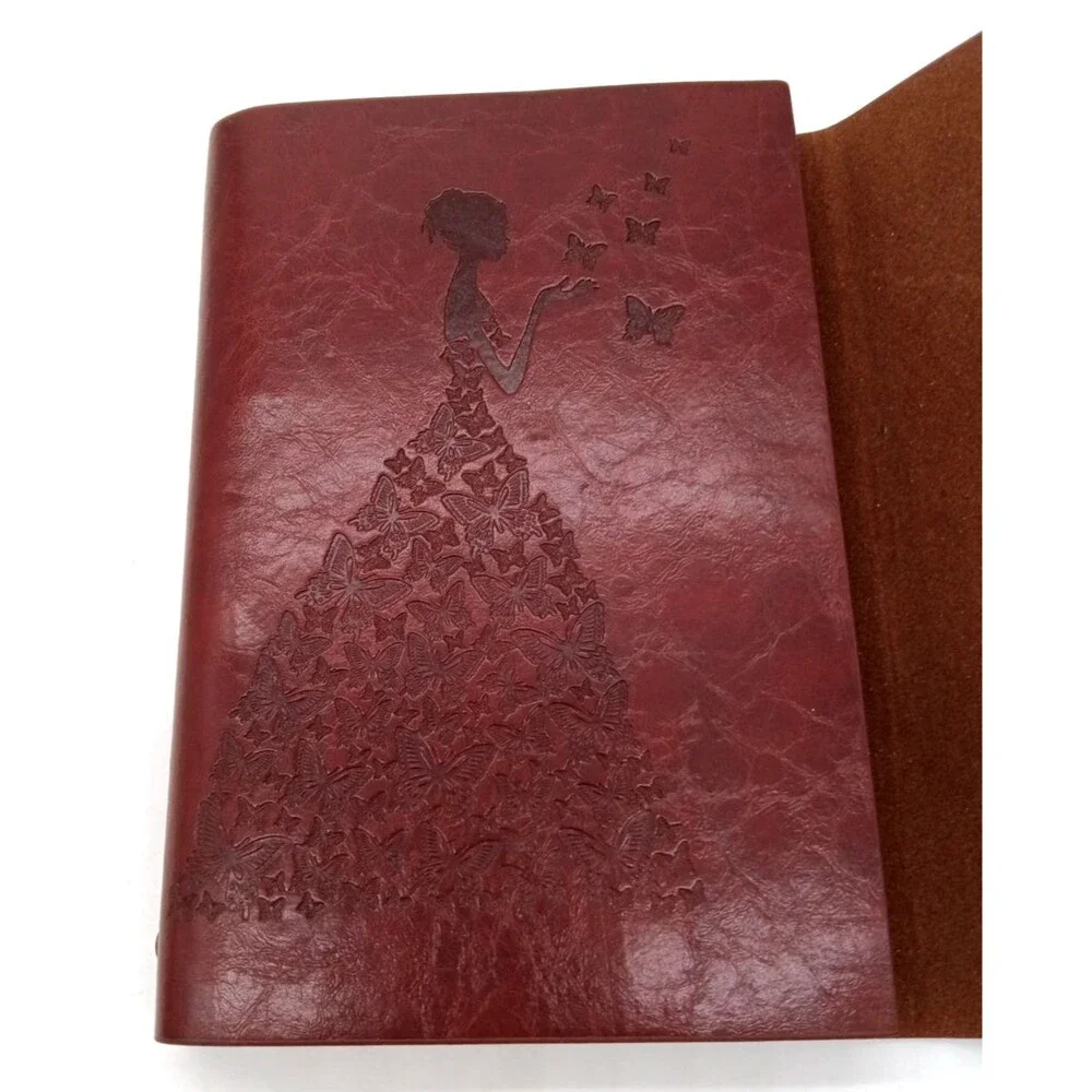 Vtg Burgundy PU Leather Embossed Girl/Butterfly Dress Refillable Journal  NWOT